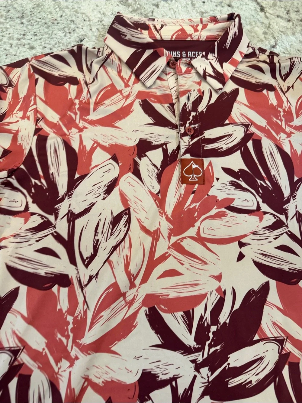 Pins & Aces Men's Coral and Cream Leaf-Print Polo